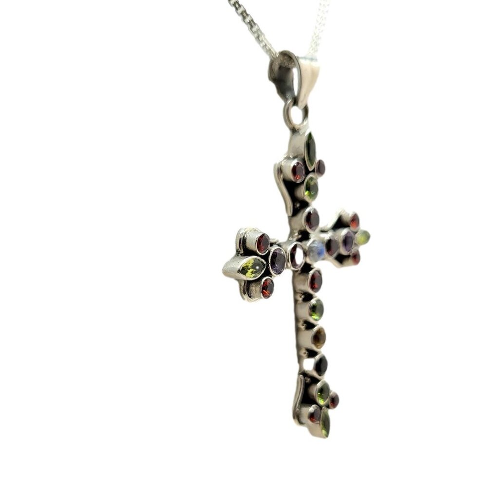 Fleur de Lis Gemstone Cross Pendant with Chain Nicky Butler .925 Sterling Silver - Picture 7 of 12
